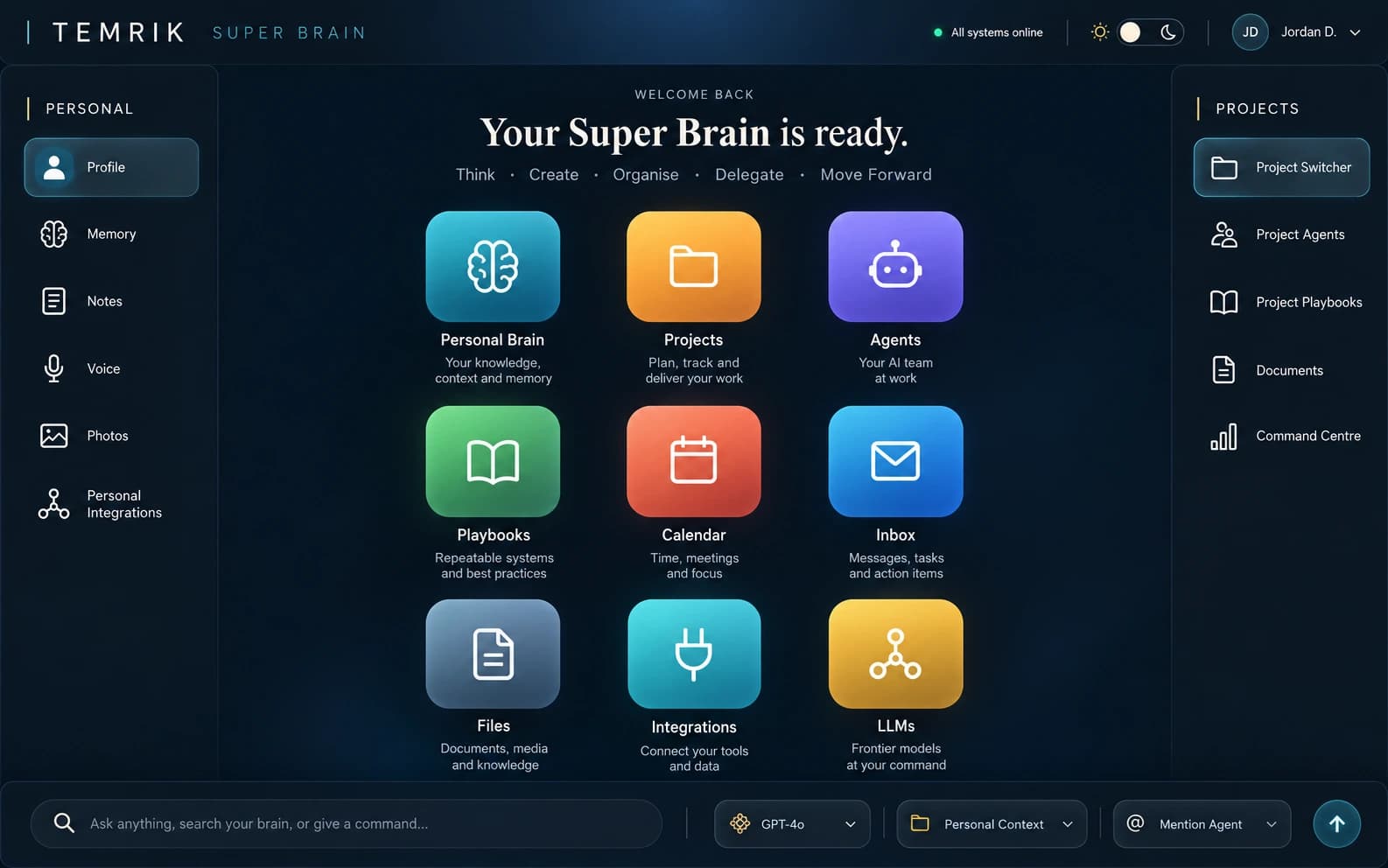 TEMRIK Super Brain concept showing a personal workspace and project workspace together.