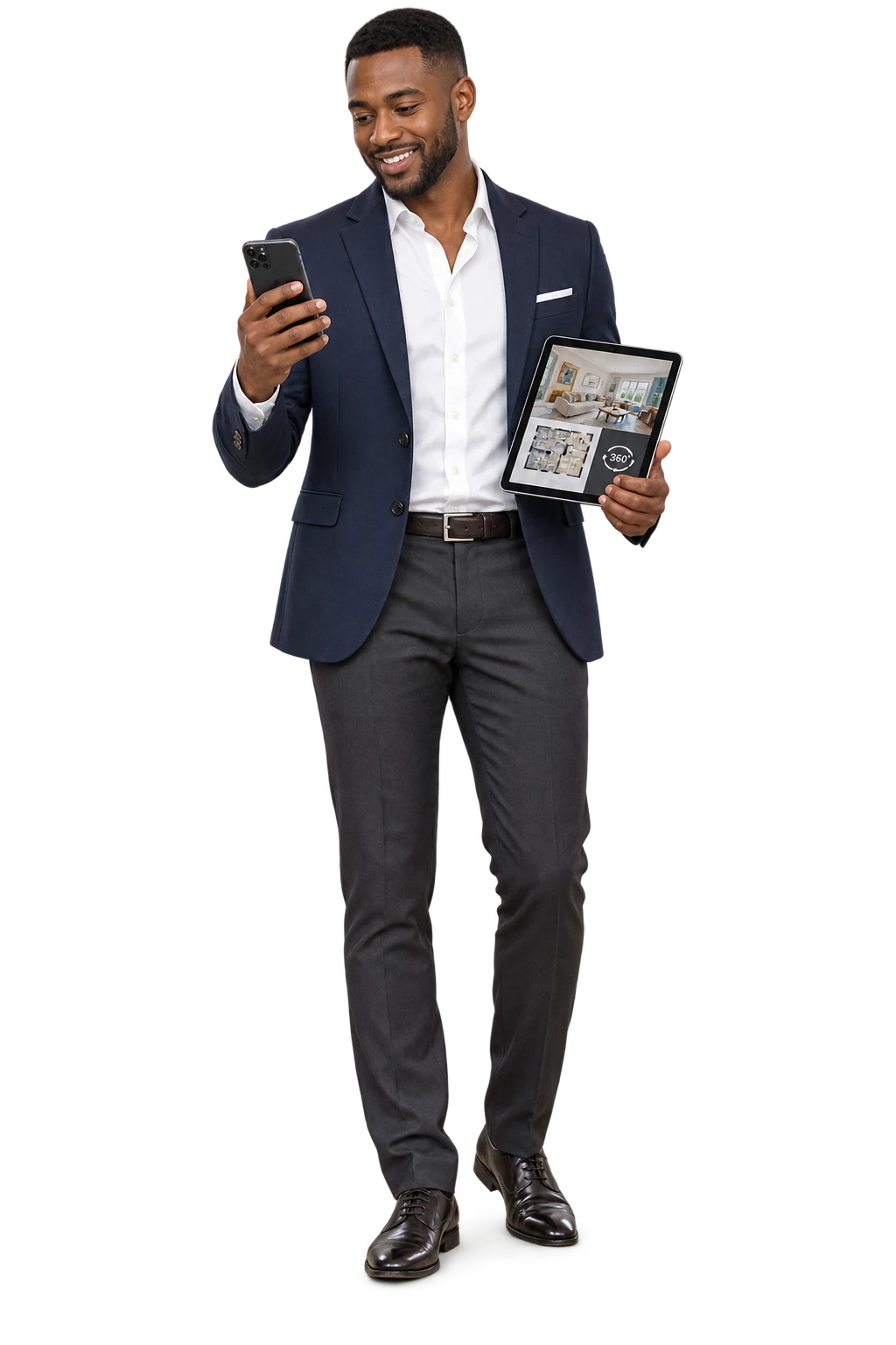 AI-generated fictional scene: Contemporary Agent on mobile with instant chats and virtual tour card
