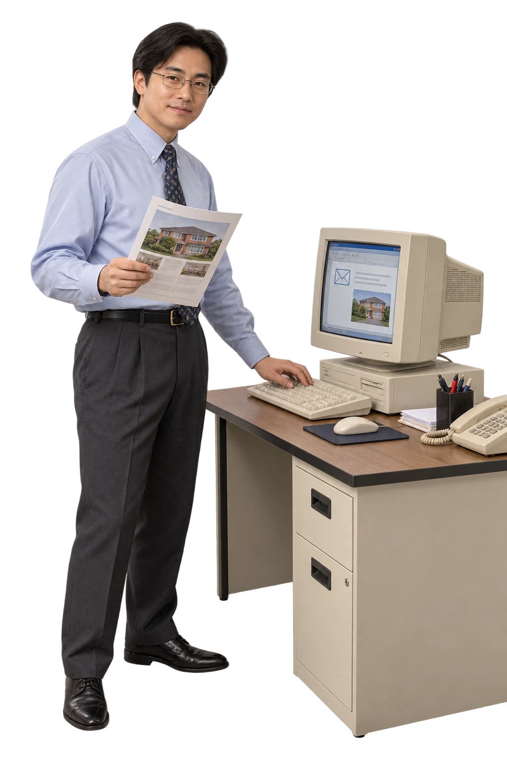 AI-generated fictional scene: 1990s Agent drafting early email listing on beige CRT computer