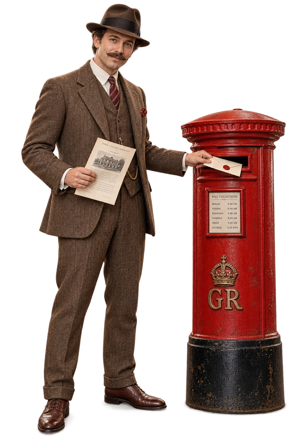 AI-generated fictional scene: 1920s Agent in tweed suit and fedora posting property letters