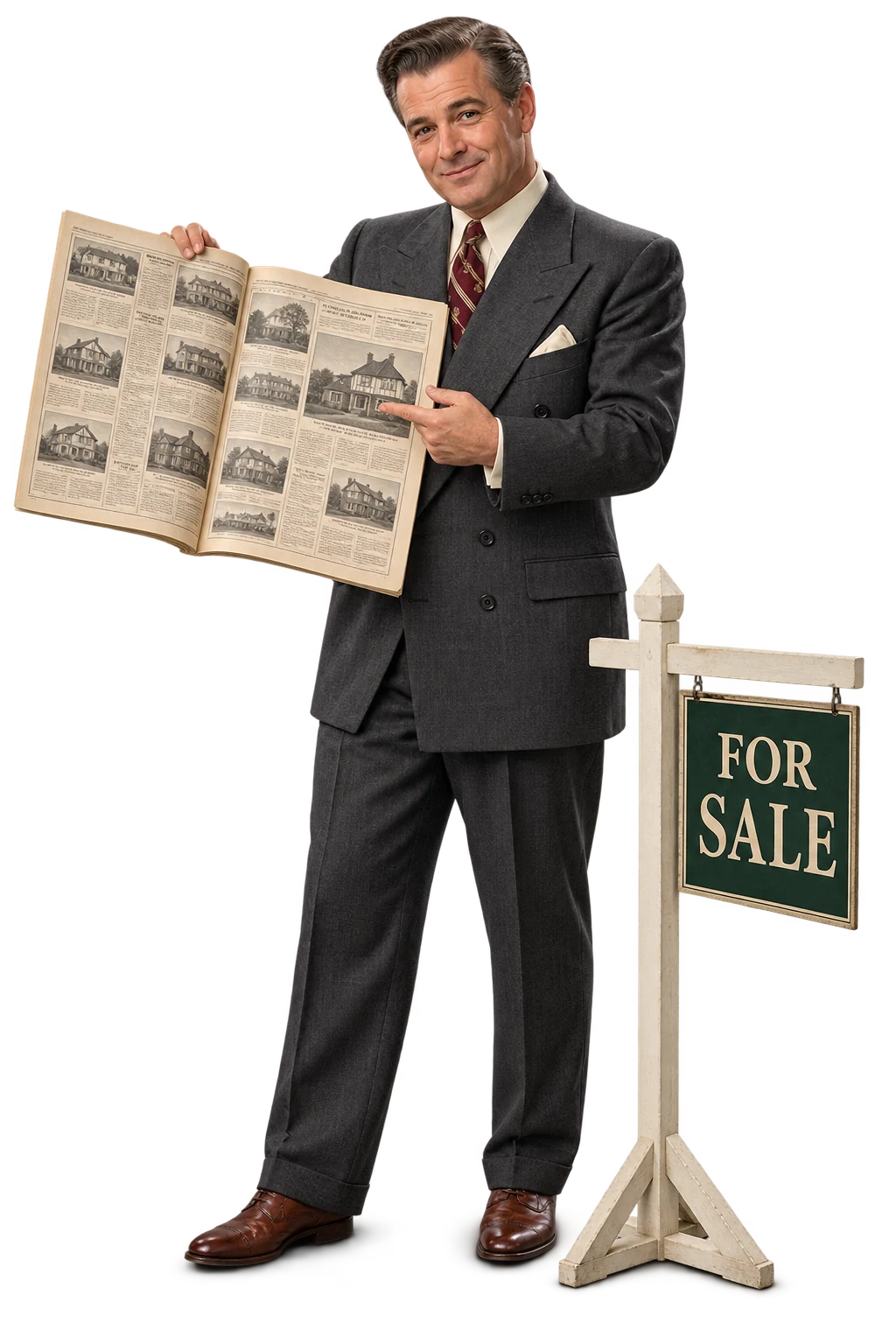 AI-generated fictional scene: 1950s Agent presenting printed newspaper property classifieds
