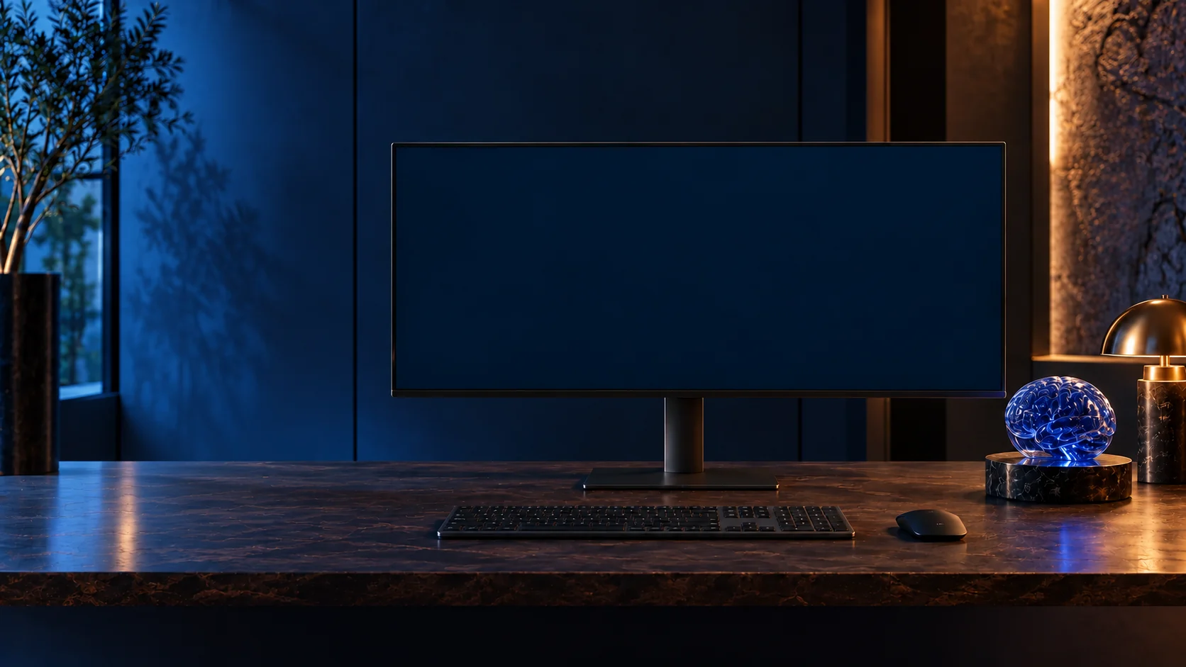 Illustrative workstation desk, monitor and blue Brain sculpture